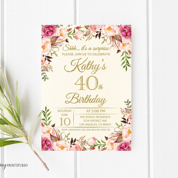 40th Birthday Invitation, Floral Cream Birthday Invitation, Any Age Birthday Invite, PERSONALIZED, Digital file, #W06