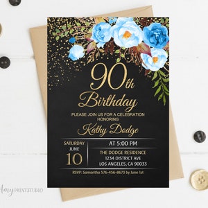 90th Birthday Invitation, Floral Women Birthday Invitation, Chalkboard Birthday Invite, PERSONALIZED, Digital file, #W104