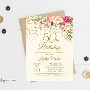 50th Birthday Invitation, Floral Ivory Birthday Invitation, Cream Birthday Invite, PERSONALIZED, Digital file, #W56