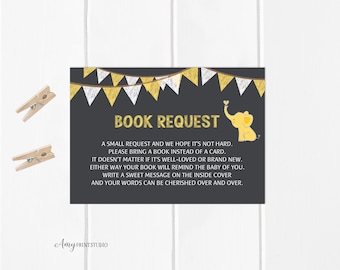 Bring a Book Instead of a Card, Book Request, Gray Baby Shower, Yellow Elephant, INSTANT DOWNLOAD, Digital file, #A23