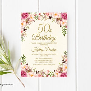 50th Birthday Invitation, Floral Cream Birthday Invitation, Any Age Birthday Invite, PERSONALIZED, Digital file, #W07