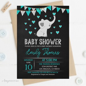 Elephant Baby Shower Invitation, Chalkboard Baby Shower Invitation, Gray Elephant Invite, Gender Neutral, PERSONALIZED, Digital file, #A27