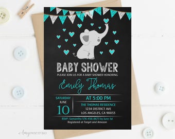 Elephant Baby Shower Invitation, Chalkboard Baby Shower Invitation, Gray Elephant Invite, Gender Neutral, PERSONALIZED, Digital file, #A27