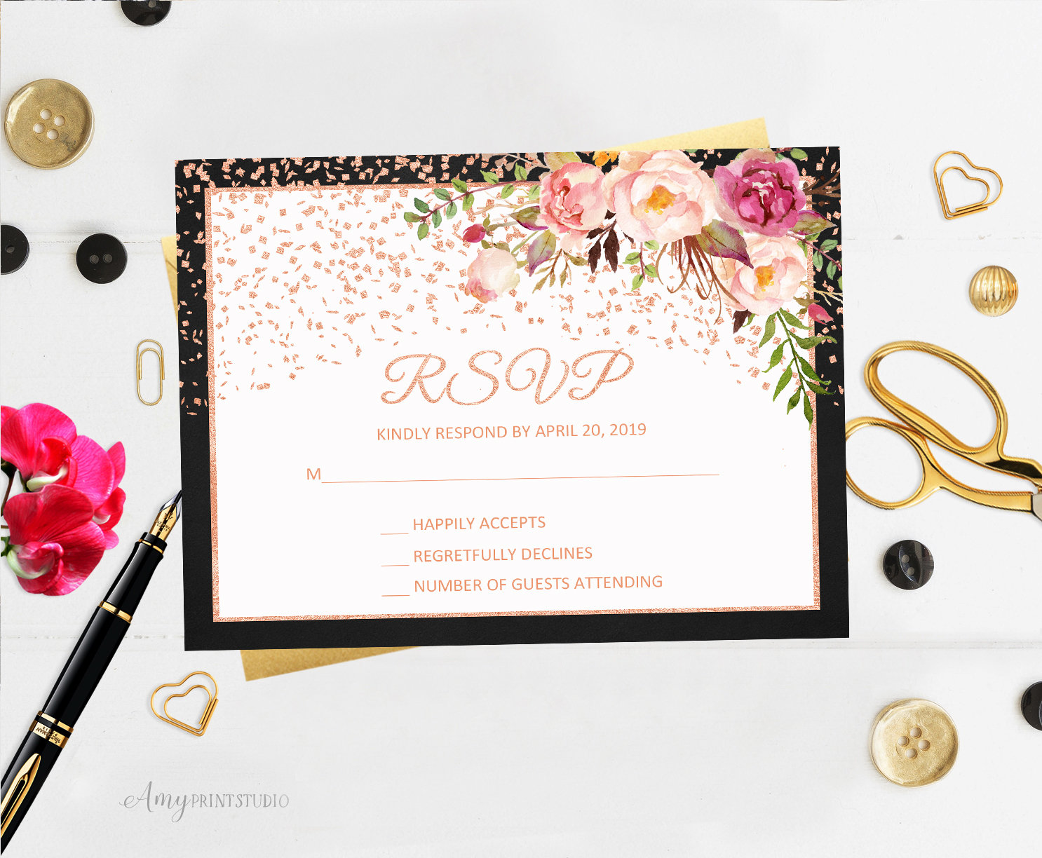 RSVP Cards Floral Invitation Birthday Invitation Rose Gold Etsy