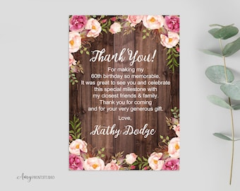 Thanks-Card, Floral Women Birthday Thank You Card, Wood Birthday, PERSONALIZED, Digital file, #W04
