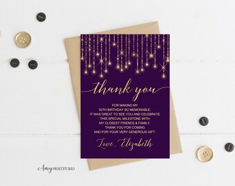 Thanks-Card, Purple and Gold Birthday, Purple and Gold Thank You Card, PERSONALIZED, Digital file, #W14