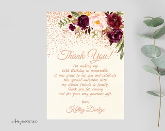 Thanks-Card, Floral Women Birthday, Rose Gold Thank You Card, Cream Burgundy Birthday, PERSONALIZED, Digital file, #W95