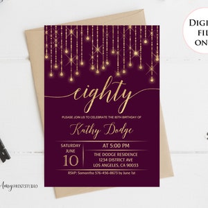80th Birthday Invitation, Gold Birthday Invitation, Plum Gold Birthday Invite, Purple Birthday, Any Age, PERSONALIZED, Digital file, #W11
