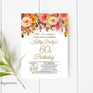 60th Birthday Invitation, Fall Floral Birthday Invitation, Surprise Birthday Invite, PERSONALIZED, Digital file, #W79