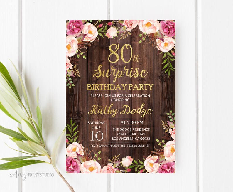 Floral Wood Invitation 80th Birthday Invitation Surprise Birthday Party Invitation Digital file PERSONALIZED #W25 Rustic Invitation