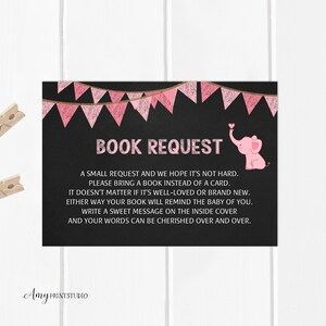 Breng een boek baby shower invoegsel, breng een boek in plaats van een kaart, schoolbord babyshower, roze olifant, INSTANT DOWNLOAD, digitaal bestand, #A07