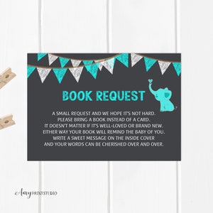 Breng een boek mee in plaats van een kaart, boekaanvraag, schoolbord babyshower, Teal olifant, INSTANT DOWNLOAD, digitaal bestand, #A26