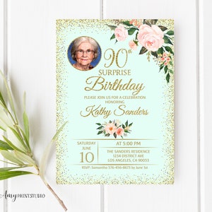 90th Birthday Invitation, Floral Birthday Invitation, Any Age Surprise Birthday Invite, Mint Invitetion, PERSONALIZED, Digital file, #W32