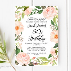60th Birthday Invitation, Floral Birthday Invitation, Watercolor Birthday Invite, Any Age, PERSONALIZED, Digital file, #W34