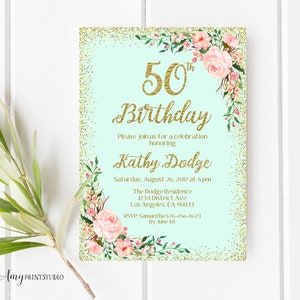 50th Birthday Invitation, Floral Birthday Invitation, Any Age Birthday Invite, Mint, PERSONALIZED, Digital file, #W60