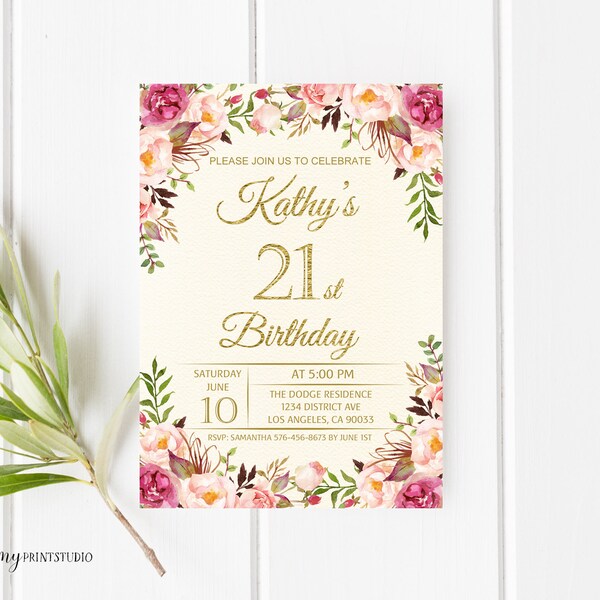 21st Birthday Invitation, Floral Cream Birthday Invitation, Any Age Birthday Invite, PERSONALIZED, Digital file, #W06