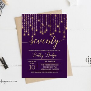 70th Birthday Invitation, Purple Birthday Invite, Purple and Gold Birthday Invite, Any age, PERSONALIZED, Digital file, #W14