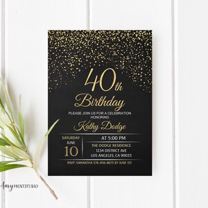 40th Birthday Invitation, Gold Birthday Invitation, Chalkboard Birthday Invite, PERSONALIZED, Digital file, #W15