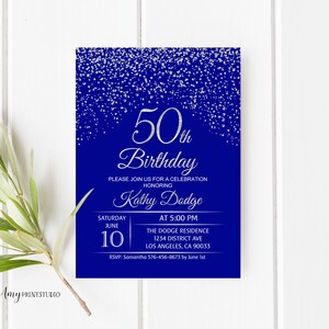 50th Birthday Invitation, Royal Blue Silver Birthday Invitation, Blue and Silver Birthday Invite, PERSONALIZED, Digital file, #W77