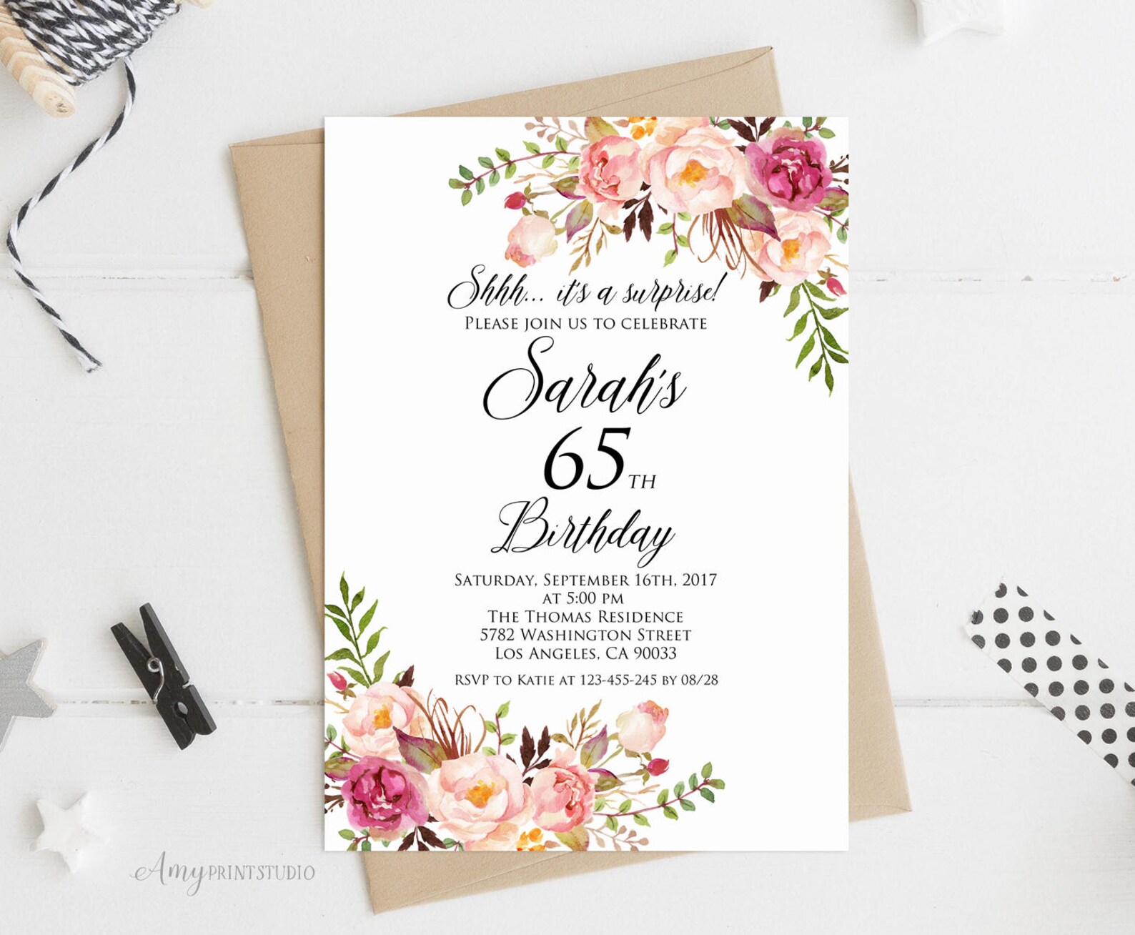 Surprise 65th Birthday Invitation Women Birthday Invitation | Etsy