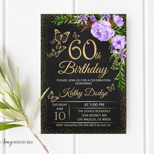 60th Birthday Invitation, Gold Birthday Invitation, Floral Gold Birthday Invite, Purple Birthday, Any Age, PERSONALIZED, Digital file, #W205