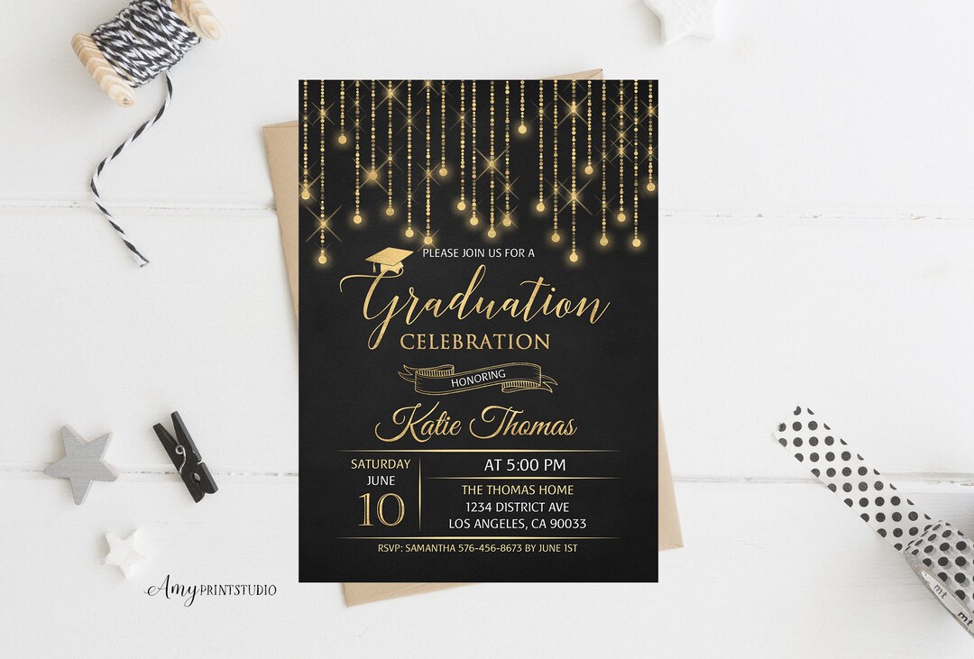 Graduation Invitation, Graduation Party Invite, Gold Chalkboard ...