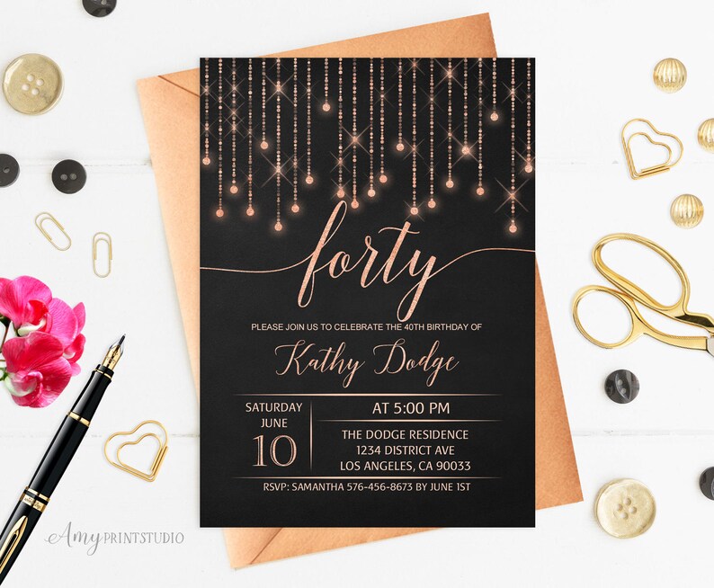 40th Birthday Invitation Rose Gold Birthday Invitation Etsy