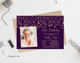 50th Birthday Invitation, Purple Birthday Invite, Purple and Gold Birthday Invite, Any age, PERSONALIZED, Digital file, #W14
