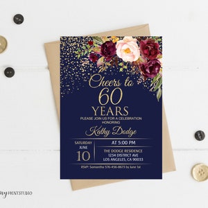 Cheers to 60 Years Invitation, Floral Women Birthday Invitation, Navy Birthday Invite, PERSONALIZED, Digital file, #W36