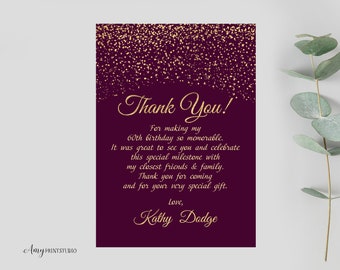 Thanks-Card, Purple and Gold Women Birthday Thank You Card, Plum Gold Birthday, PERSONALIZED, Digital file, #W10