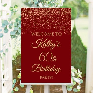 Welcome Birthday Sign, Welcome sign Printable, Red & Gold Birthday Welcome Sign, Any Age, PERSONALIZED, Digital file, #W86