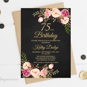 75. Geburtstag Einladung, Blumen Frauen Geburtstag Einladung, Tafel Geburtstag einladen, PERSONALIZED, digitale Datei, #W98