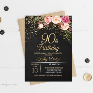 90th Birthday Invitation, Floral Women Birthday Invitation, Chalkboard Birthday Invite, PERSONALIZED, Digital file, #W16