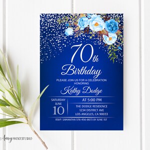 70th Birthday Invitation, Floral Invitation, Navy Birthday Invitation, Blue and White Birthday Invite, PERSONALIZED, Digital file, #W59