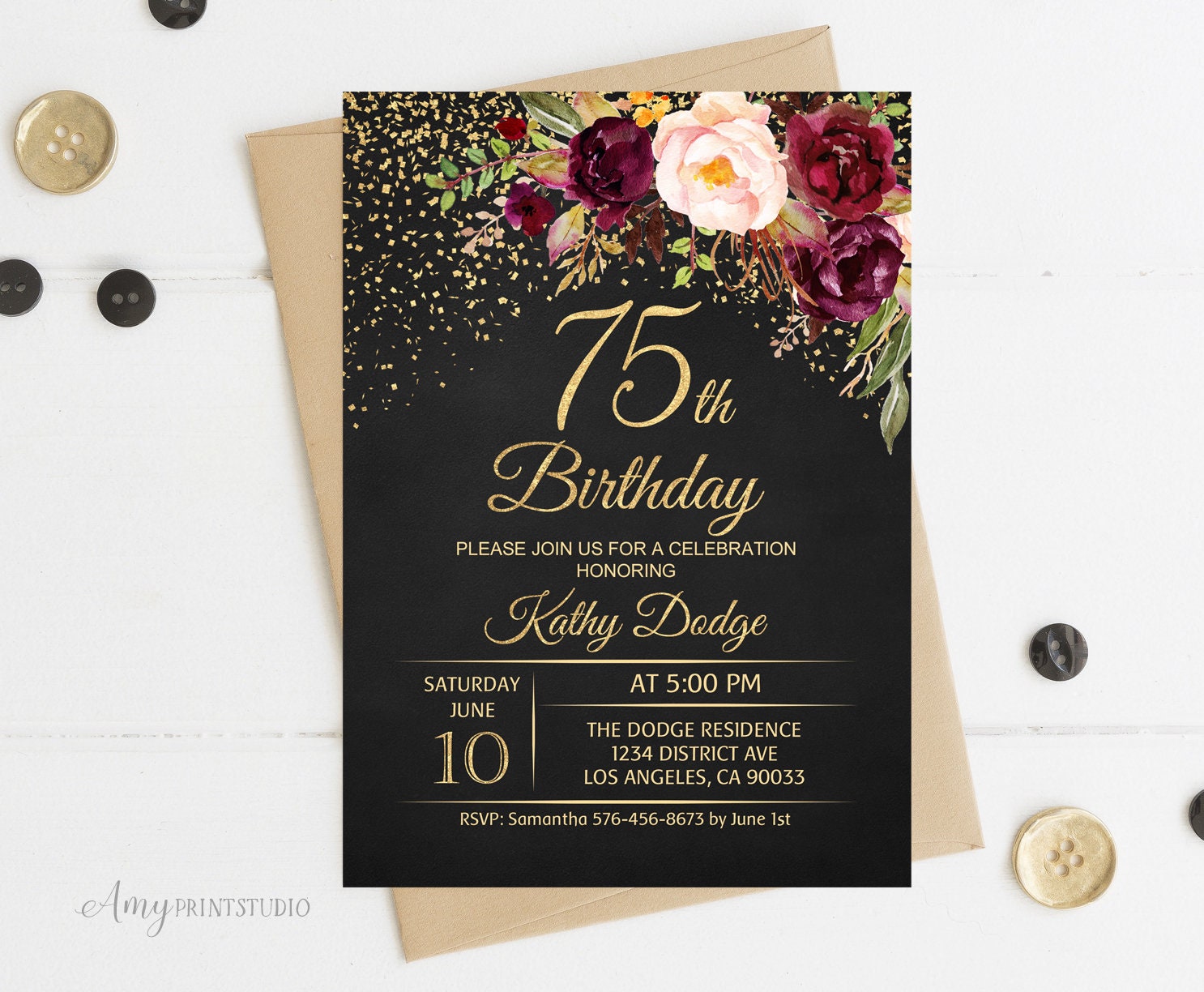 75th Birthday Invitation Floral Women Birthday Invitation | Etsy