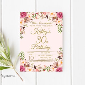 30th Birthday Invitation, Floral Blush Pink Birthday Invitation, Any Age Birthday Invite, PERSONALIZED, Digital file, #W08