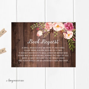 Breng een boek Baby Shower Insert, Floral Rustic Breng een boek in plaats van een kaart, boekaanvraag, INSTANT DOWNLOAD, digitaal bestand, #A03