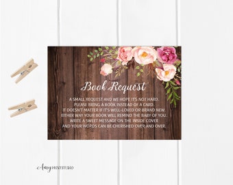 Bring a Book Baby Shower Insert, Floral Rustic Bring a Book Instead of a Card, Book Request, INSTANT DOWNLOAD, Digital file, #A03