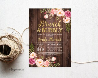 Brunch and Bubbly Bridal Shower Invitation, Rustic Floral Bridal Shower Invite, Wood Bridal Shower Invite, PERSONALIZED, Digital file, #D07