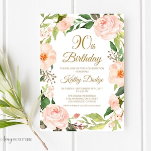 90th Birthday Invitation, Floral Women Birthday Invitation, Garden Birthday Invite, Any Age, PERSONALIZED, Digital file, #W33