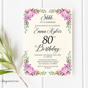 Invitation surprise au 80e anniversaire, invitation d’anniversaire florale violet ivoire, invitation d’anniversaire pour tout âge, PERSONNALISÉE, fichier numérique, #W129