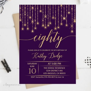 80th Birthday Invitation, Purple Birthday Invite, Purple and Gold Birthday Invite, Any age, PERSONALIZED, Digital file, #W14