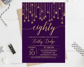80th Birthday Invitation, Purple Birthday Invite, Purple and Gold Birthday Invite, Any age, PERSONALIZED, Digital file, #W14