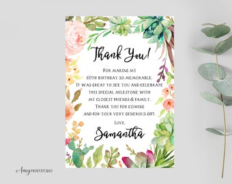 Thanks-Card, Floral Women Birthday Thank You Card, Floral Birthday, PERSONALIZED, Digital file, #W28