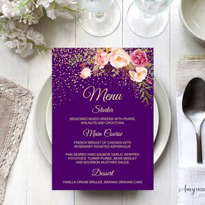 Menu Birthday, Floral Women Birthday Invitation, Purple Floral Gold Birthday, PERSONALIZED, Digital file, #W107