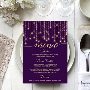 Menu Birthday, Purple and Gold Women Birthday Invitation, Purple Gold Birthday, PERSONALIZED, Digital file, #W14