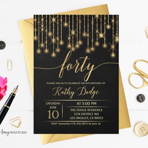 40th Birthday Invitation, Gold Birthday Invitation, Chalkboard Birthday Invite, PERSONALIZED, Digital file, #W72