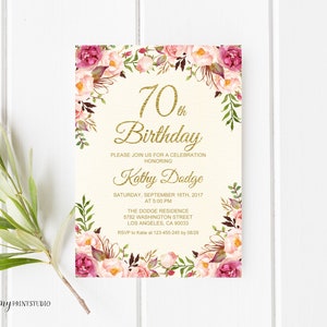 70th Birthday Invitation, Floral Cream Birthday Invitation, Any Age Birthday Invite, PERSONALIZED, Digital file, #W07