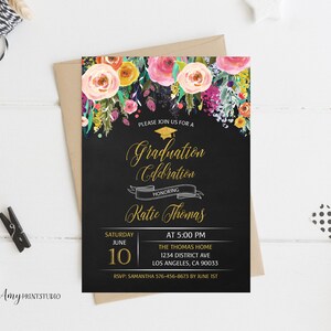 Graduation Invitation, Graduation Party Invite, Floral Chalkboard Graduation Invitation, PERSONALIZED, Digital file, #G01