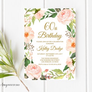 60th Birthday Invitation, Floral Women Birthday Invitation, Garden Birthday Invite, Any Age, PERSONALIZED, Digital file, #W33